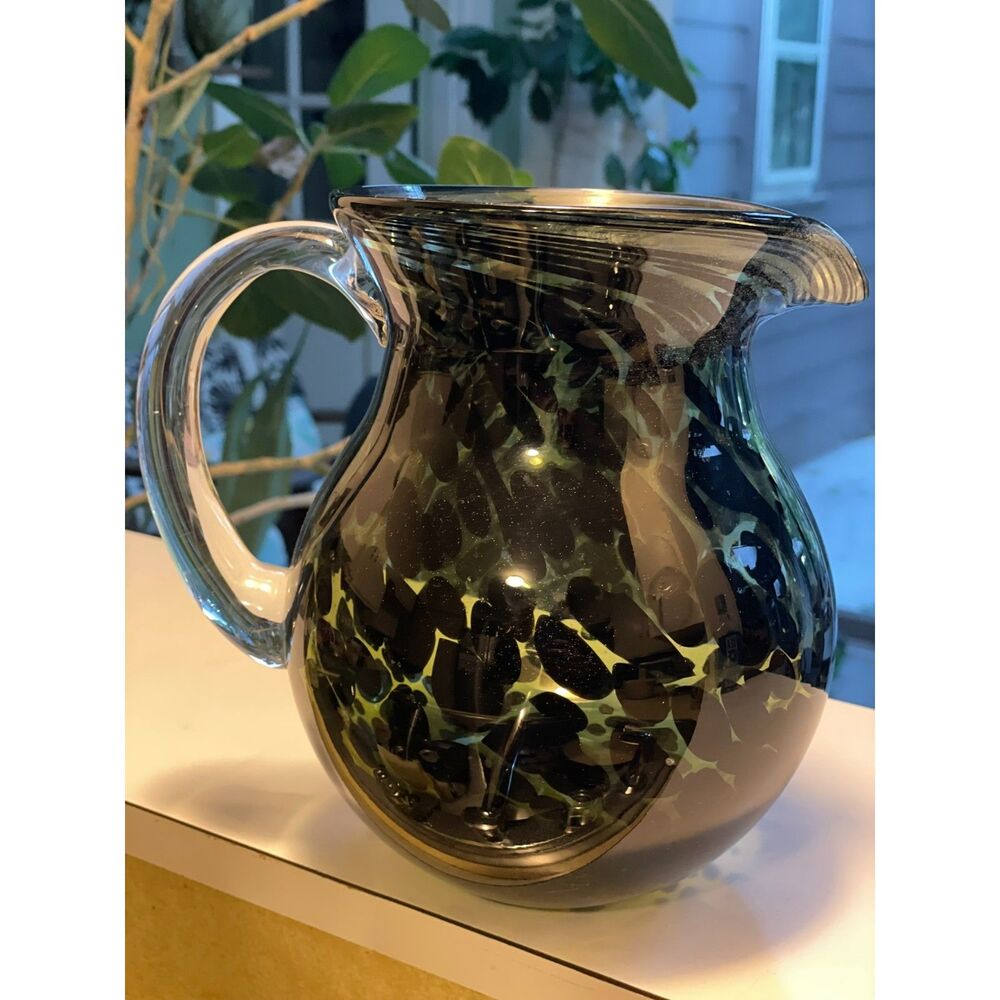 Vintage Hand Blown Confetti Glass Pitcher - Black Leopard Spot & Green Tortoise